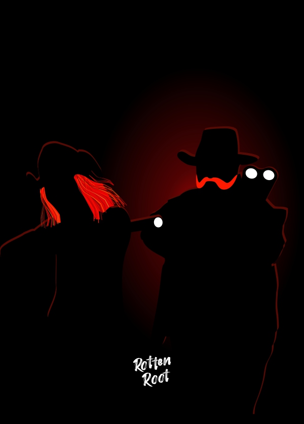 Ilustração com um fundo vermelho ao centro, mesclando-se até ficar preto nas bordas. Duas silhuetas localizam-se na parte central, è direita, um homem gordo, com bigode ruivo e usando chapéu aponta um rifle de dois canos para a frente. à esquerda, um homem menos e mais magro, usando chapéu e com longos cabelos ruivos emranhados aponta um rifle de cano único para a frente.